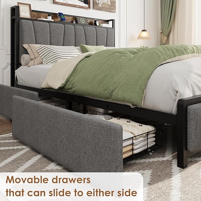 GAOMON Queen Size Bed Frame with Storage Headboard and 2 Drawers, Linen Upholstered Platform Bed Frame with Charging Station, Heavy Duty, No Box Spring Needed, Easy Assembly, Noise Free, Grey&Brown