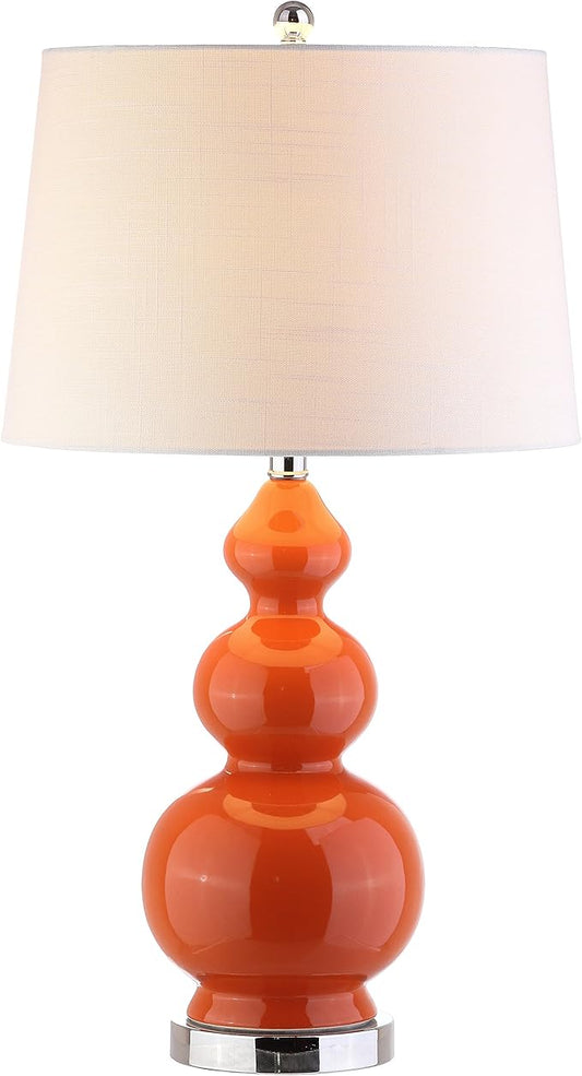 JONATHAN Y 27.5" Coral Modern Ceramic Gourd Table Lamp for Living Room, Large Bedside Nightstand Lamp for Bedroom, White Linen Drum Shade, LED Bulb Included JYL4023A