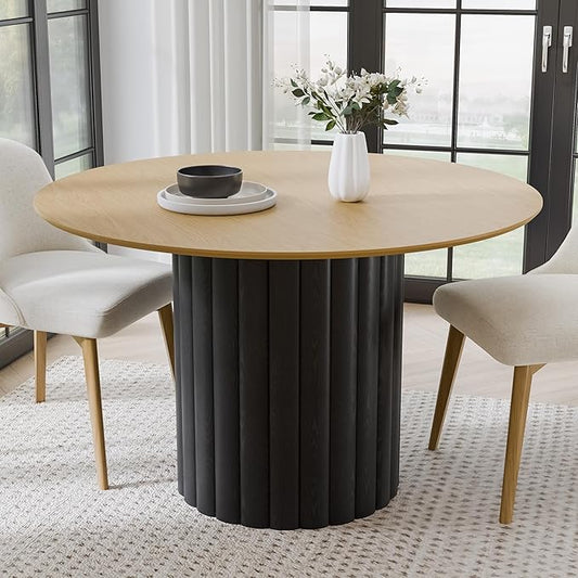 Casaphoria 46 inch Round Dining Table for 4, Wood Top with Black Cylinder Pedestal Base, Modern Farmhouse Style Kitchen Table