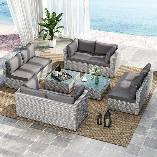 Tangkula 10-Piece Outdoor Patio Sectional Sofa Couch, PE Rattan Conversation Set w/Glass Coffee Table & Cushions, Outdoor Furniture Set w/Sturdy Metal Frame for Garden Poolside Backyard