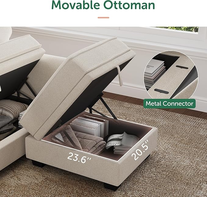HONBAY Convertible Sectional Sofa with Storage U Shaped Sectional Couch with Reversible Chaise Small Sectional Couches for Living Room,Beige