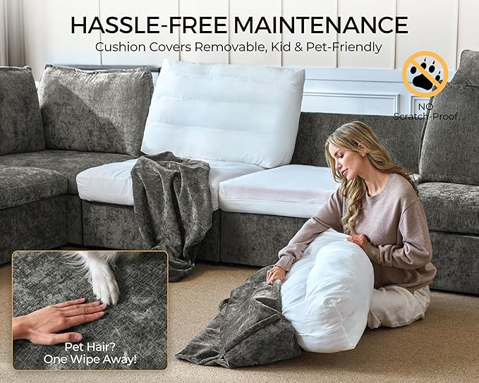 Oversized Modular Sectional Sofa with Power Recliner, Plush Cloud Couch with Headrest, Convertible Deep L-Shaped 6 Seater with Corner and Storage Ottoman, Chenille, Grey