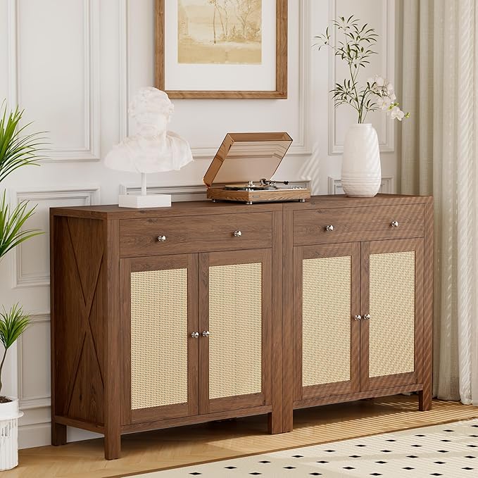 31" Sideboard Buffet Cabinet, Farmhouse Kitchen Buffet Cabinets with Doors and Adjustable Shelves, Rattan Sideboard Storage Cabinets for Kitchen, Living Room(Brown, 2 Pieces)