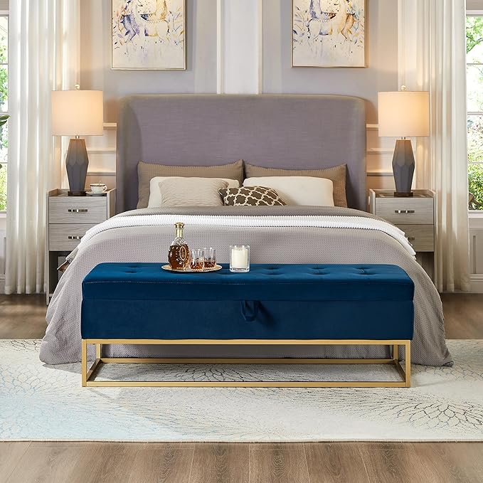 Ball & Cast 58.6" Velvet Storage Ottoman Bench, End of Bed Bench with Safety Hinge and Golden Metal Legs,Morden Entryway Bench,Foot Stool with Button Tufted Cushion for Bedroom,Living Room,Navy Blue