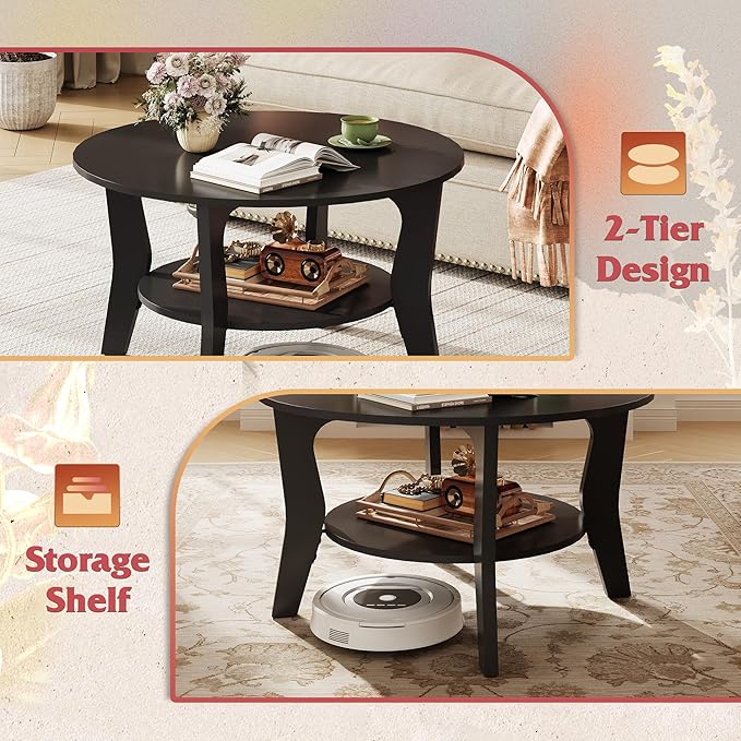 WLIVE Round Coffee Table, 2-Tier Small Coffee Table with Storage Shelf, Circle Wood Center Table for Living Room, Apartment, Easy Assembly, Black