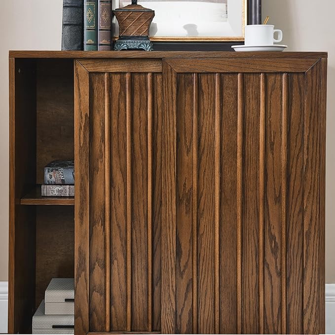 Ball & Cast 32" Mid Century Sideboard Cabinet with 2 Sliding Doors & Solid Wood Decorative Strips, Vintage Storage Cabinet with Outlet Hole for Living Room, Kitchen, Dining, Entryway, Hallway,Walnut