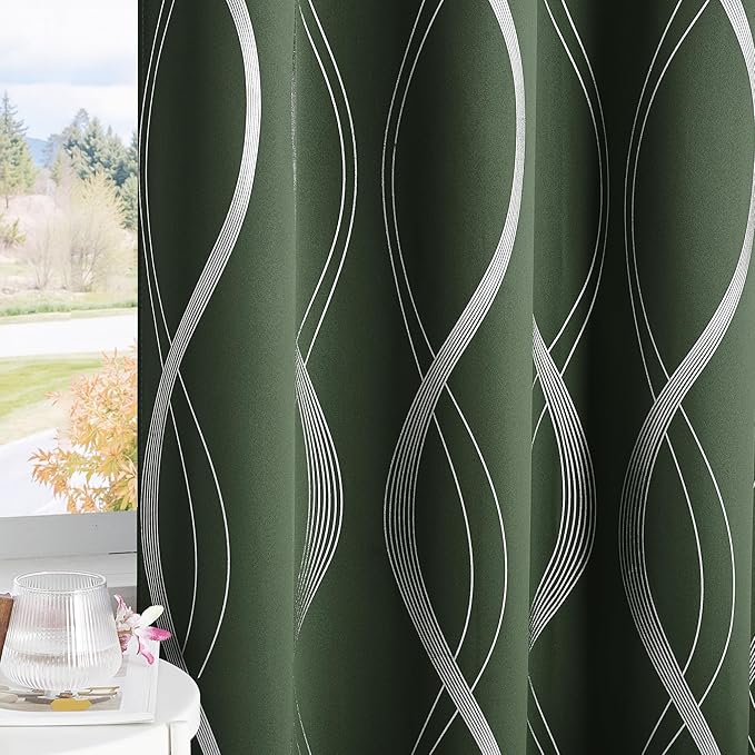 NICETOWN 100% Blackout Curtains 63 inch Length 2 Panels, Dark Mallard, 52" x 63", Noise Reducing Thermal Insulated Wave Line Foil Print Design Blackout Curtains for Hall Closet Villa Door