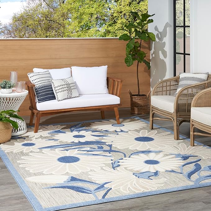 Nourison Home Aloha Blue Grey 7' x 10' Area Rug - Easy Clean, Non Shedding, Bed Room, Living Room, Dining Room, Kitchen (7' x 10')