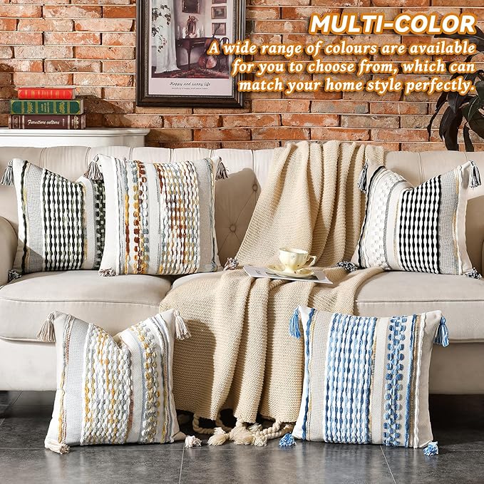 AmHoo Chenille Striped Textured Boho Throw Pillow Covers Aesthetic with Tassels Woven Decorative Pillow Case for Couch Bed Sofa Bedroom Modern Funky 18 x 18-Inch Brown