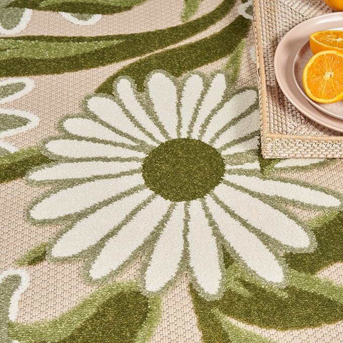 Nourison Home Aloha Ivory Green 5'3" x Round Area Rug - Easy Clean, Non Shedding, Bed Room, Living Room, Dining Room, Kitchen (5' x Round)