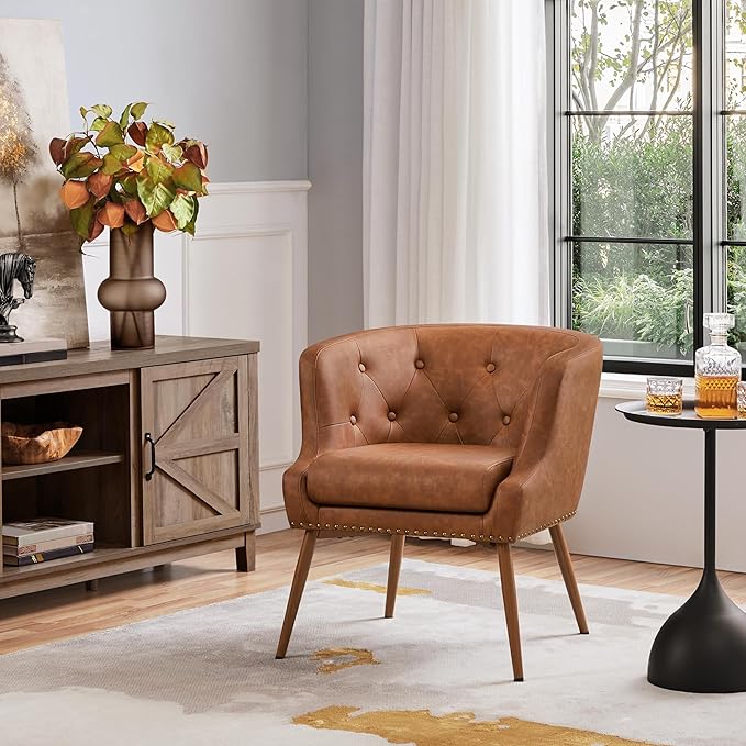 Yaheetech Modern Accent Chair, PU Leather Retro Armchair, Upholstered Barrel Chair with Metal Leg and Comfy Seat Cushion for Living Room Bedroom, Retro Brown
