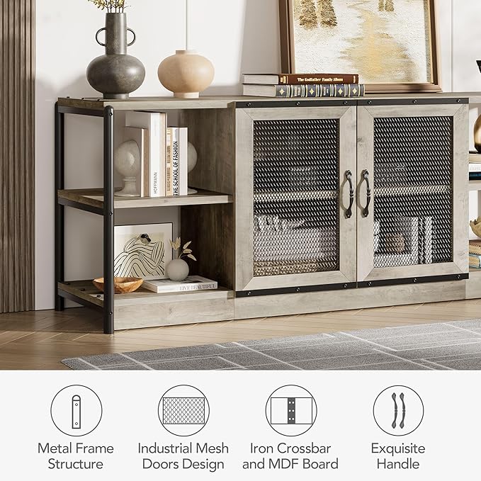 Farmhouse TV Stand for 65/75 inches TVs, Industrial Entertainment Center with Double Mesh Doors and Storage Cabinet, Rustic TV for Living Room, Grey