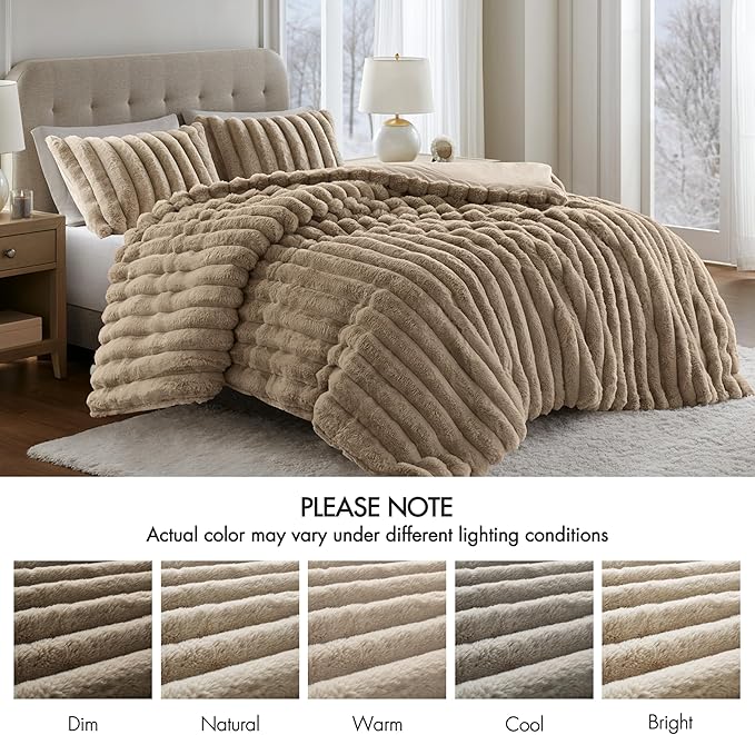 Madison Park Jasmine Queen Comforter Set, Luxurious Reversible Faux Fur Plush Ribbed Velvet Bedding, Fuzzy Thick Warm Winter Comforter, Super Soft Fluffy 3-Piece Set Taupe