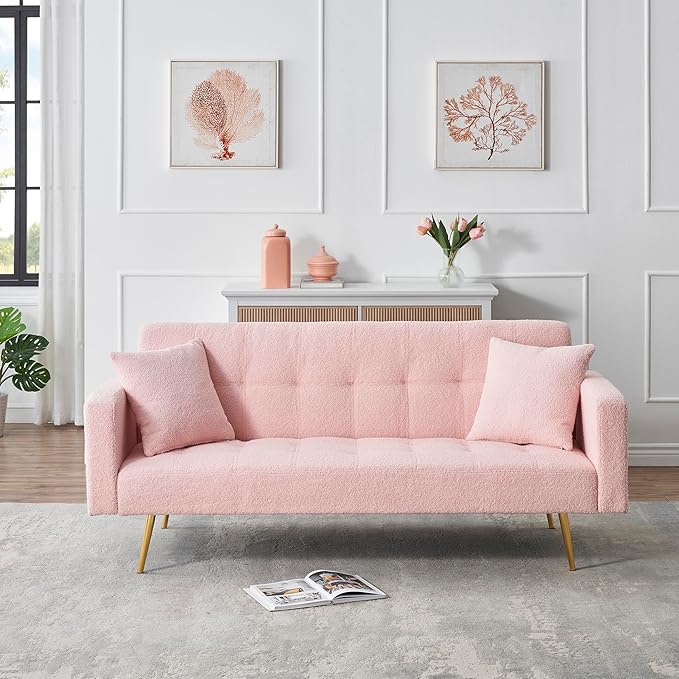 Teddy Fleece Upholstered Folding Futon Sofa Bed Convertible Sleeper Couch with 3 Adjustable Backrest, Recliner Loveseat Lounge Sofabed Daybed with Golden Metal Legs for Living Room Office