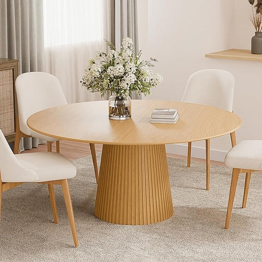 Casaphoria 60" Round Dining Table, Modern Wood Kitchen Table with Cone Grating Bar Base for Living Room & Dining Room, Easy Assembly Farmhouse Furniture for 4-6, Oak