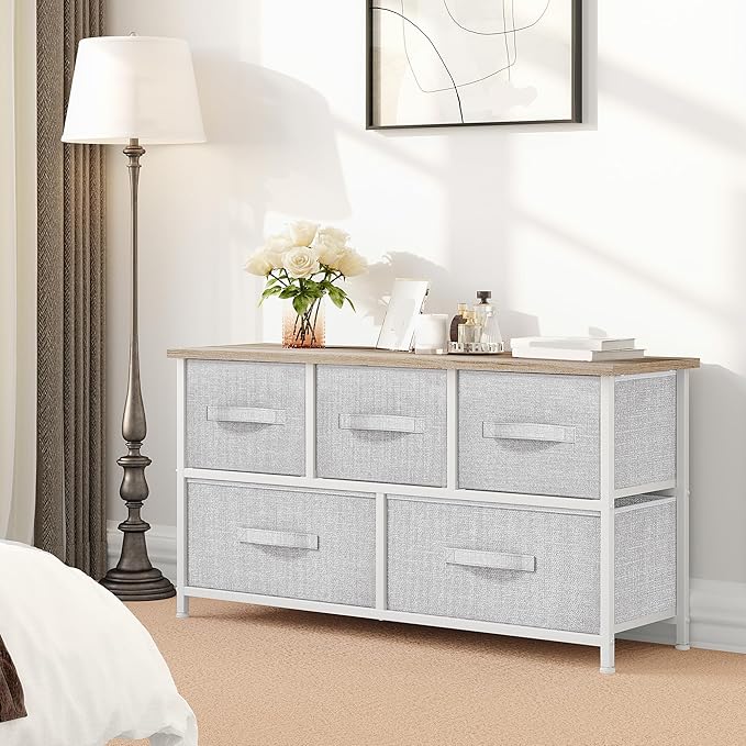 YITAHOME Dresser with 5 Drawers - Fabric Storage Tower, Organizer Unit for Bedroom, Living Room, Closets - Sturdy Steel Frame, Wooden Top