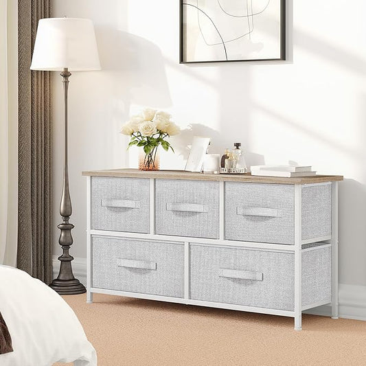 YITAHOME Dresser with 5 Drawers - Fabric Storage Tower, Organizer Unit for Bedroom, Living Room, Closets - Sturdy Steel Frame, Wooden Top