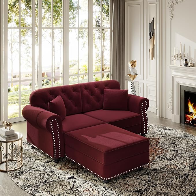 KEIKI 63" Velvet Chesterfield Sofa with Rolled Arms & Nailhead Trim & 1 Ottoman, Modern 2-Seater Button Tufted Couch with High Resilience Cushion & 2 Pillow, Easy Assembly, for Living Room, Burgundy