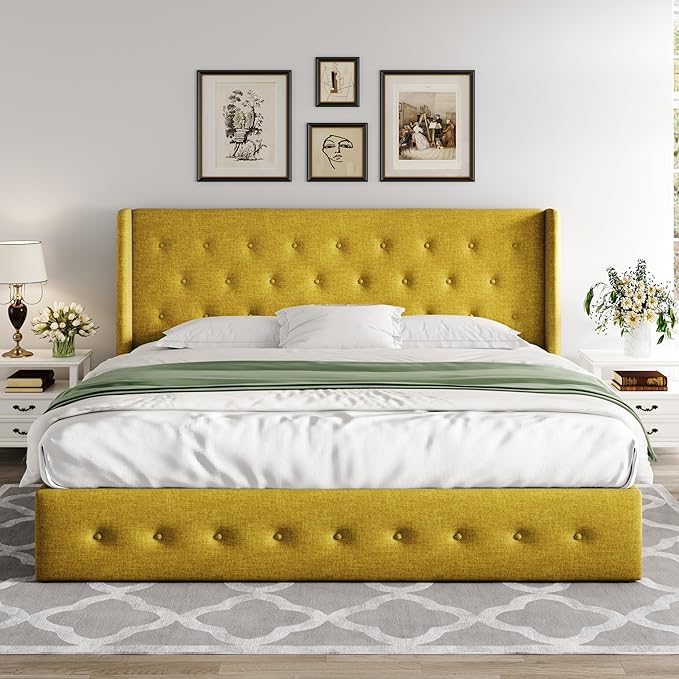 Allewie King Size Lift Up Storage Bed, Button Tufted Headboard with Wingback, Hydraulic Support, No Box Spring Needed, Olive Yellow