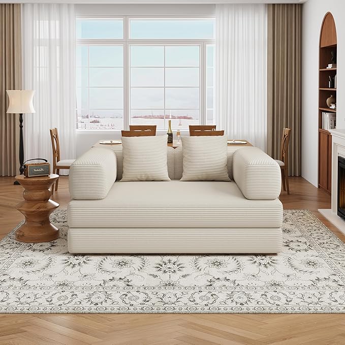 BSHOMGI 4 in 1 Futon Sofa Bed Queen Size - Foldable Convertible Sleeper Sofa Couch, Removable Washable Corduroy Cover, Space Saving Floor for Living Room (Beige, 53.15" Double Sofa)
