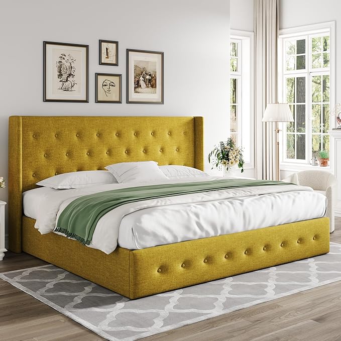 Allewie King Size Lift Up Storage Bed, Button Tufted Headboard with Wingback, Hydraulic Support, No Box Spring Needed, Olive Yellow