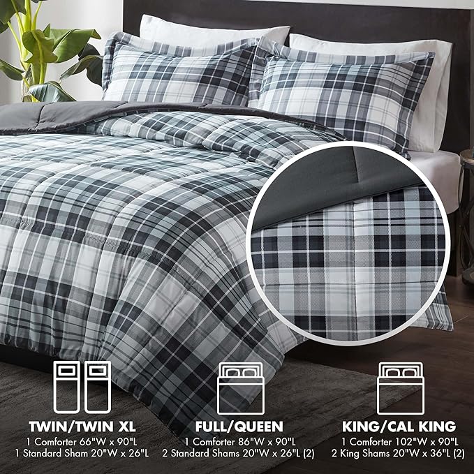 Madison Park Essentials Parkston Plaid Comforter, Matching Sham, 3M Scotchguard Stain Release Cover, Hypoallergenic All Season Bedding-Set, King/California King, Black, 3 Piece