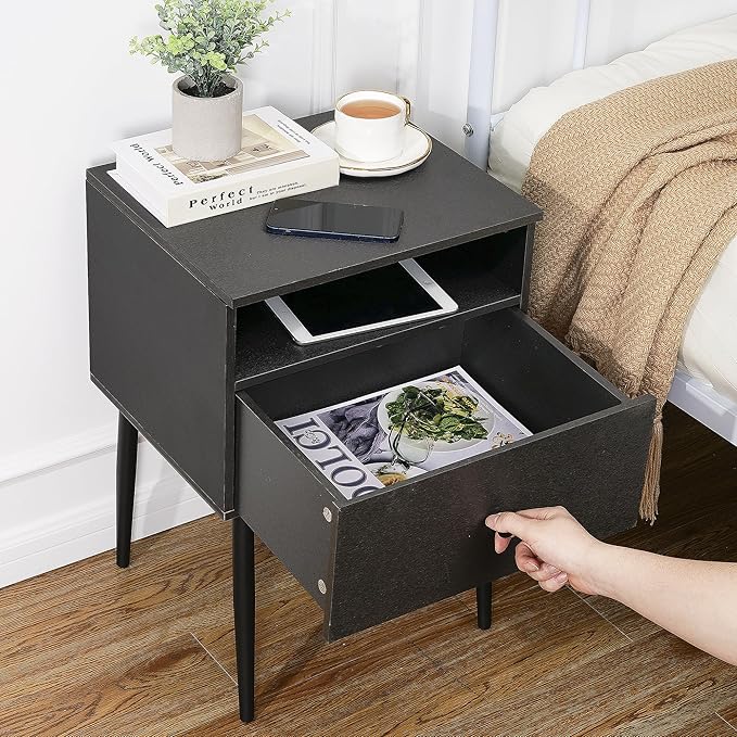VECELO Night Stand for Bedroom Set of 2,Modern Solid Wood Nightstand with Storage Shelf and Drawer, Bedside Table End Table for Living Room,Bedroom,Entryway,Easy Assembly,Gray