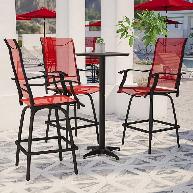 Flash Furniture Valerie Patio Bar Height Stools Set of 2, All-Weather Textilene Swivel Patio Stools with High Back & Armrests in Red