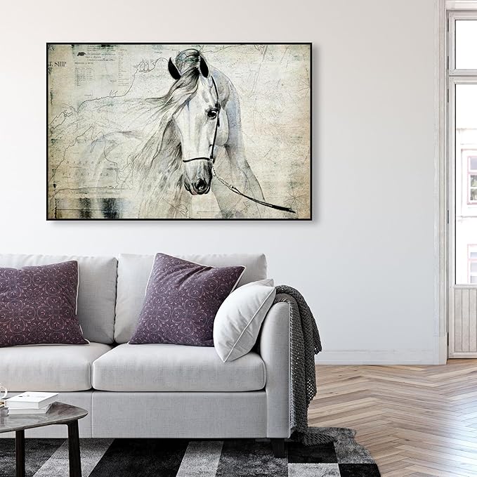 Country Farmhouse Canvas Print Painting Animal Wall Art 'Southern White Horse' Black Framed Canvas Rustic Home Décor 54x36 in Gray, Brown by Oliver Gal