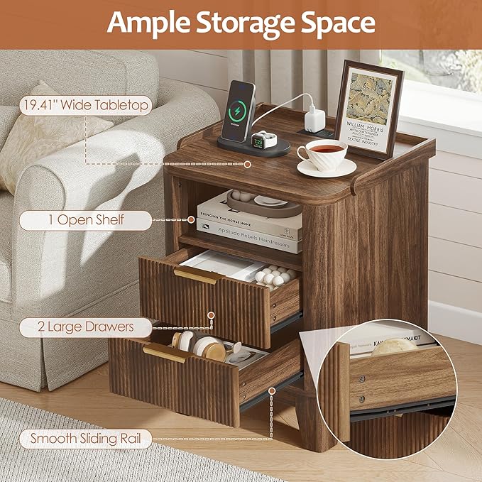 Night Stand with Charging Station, Fluted Nightstand with 2 Drawers and LED Light, Wood Bedside Table with Open Storage for Bedroom, Walnut