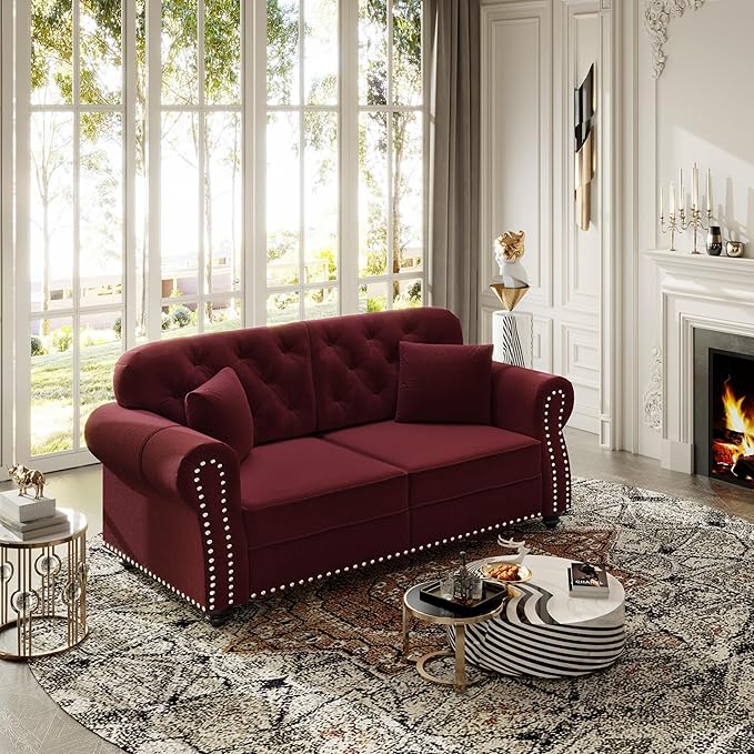 KEIKI 63" Velvet Chesterfield Sofa with Rolled Arms & Nailhead Trim, Modern Upholstered 2-Seater Button Tufted Couch with High Resilience Cushion & 2 Pillow, Easy Assembly, for Living Room, Burgundy