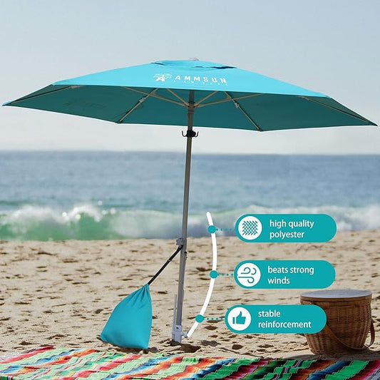AMMSUN 8ft Large Beach Umbrellas for Sand Heavy Huty Wind Portable Commercial Grade Patio Beach Umbrella with Sand Anchor Adjustable Height Air Vent UPF 50+ Telescoping Pole without tilt Teal