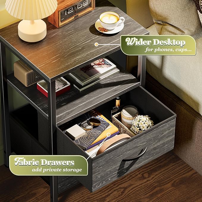 Huuger Night Stand Set of 2, Nightstand with 2 Drawers, Bed Side Table with Open Shelf, Wooden Top, End Table, Fabric Drawer with Charcoal Black Wood Grain Print, for Bedroom