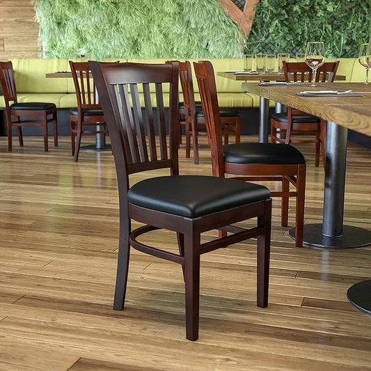 Flash Furniture 4 Pack HERCULES Series Vertical Slat Back Walnut Wood Restaurant Chair - Black Vinyl Seat