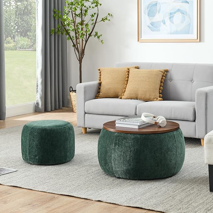 Ball & Cast Round Upholstered Storage-Ottoman Set with Wood Tray, Large Storage Coffee Table w/Footstool & Removable Lid, Dia 25" Padded Bench & End Side-Table for Living Bedroom, Green