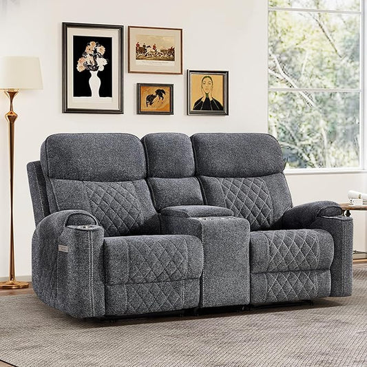 HAOMARKETS Electric Reclining Loveseat Couch with USB & Type-C Charging Port, Breathable Fabric 2-Seater Power Recliner Sofa with Cup Holders & Storage Console for Living Room, Dark Grey