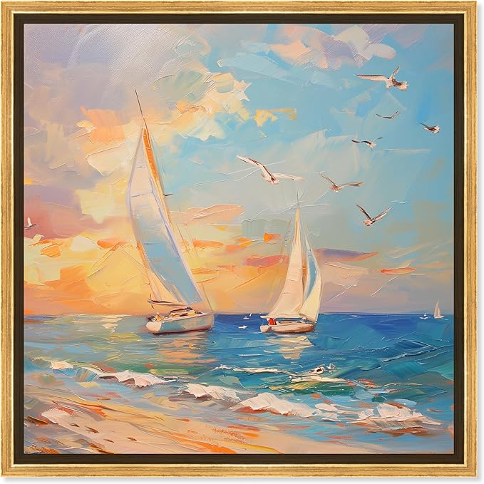 Art Remedy Sailboats In The Sunset Framed Sailing 1 Piece Canvas Wall Art, 21.5" x 21.5", Gold Frame