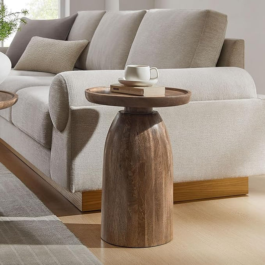 Modway Holloway Solid Mango Wood Side End Table in Walnut – Contemporary Wooden Accent Table for Living Room – Small Round Plant Stand or Pedestal Drink Table