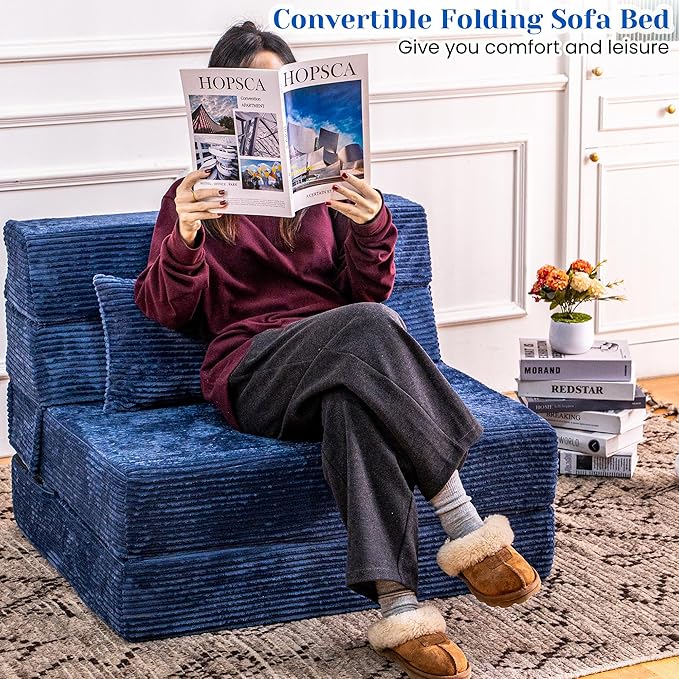 Cvortll Folding Sofa Bed, Convertible Sleeper Chair with Pillow, High Density Memory Foam Fold Out Couch, Foldable Mattress Futon Sofa for Living Room/Dorm/Guest Use/Apartment/Home Office