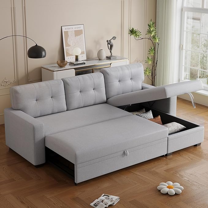 82" L-Shape Convertible Sleeper Sectional Sofa with Storage Chaise and Pull-Out Bed,Modular Corner Couch Lounge,w/Removable 3 Back Cushions and Armrest,for Home Furniture,Light Gray