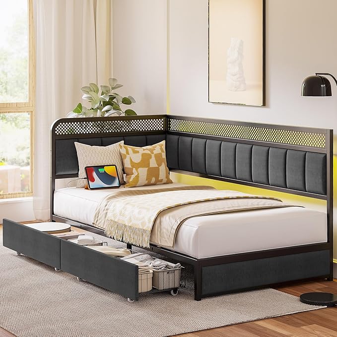 LIKIMIO Twin Corner Bed Frame with Storage Drawers and Charging Station, Modern Twin Daybed with LED Lights and Upholstered Guardrail, Gray