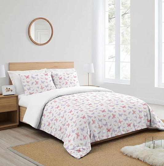 Sweet Jojo Designs 3-Piece Queen Comforter Set (Pink/Purple Shabby Chic Butterfly) for Girls, Teen, Kids Full Size Bedding, Bed in a Bag incl. Blanket & Pillow Sham (Colorful, Watercolor, Butterflies)