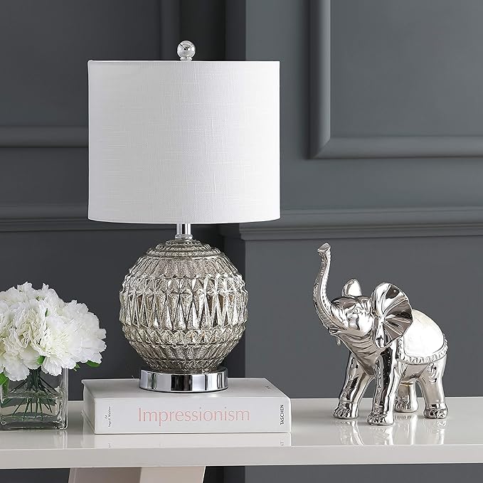 JONATHAN Y 20.5" Silver Mercury Glass Table Lamp, Contemporary Chrome Sphere Metal Base with Ivory Linen Shade for Bedroom Living Room Nightstand, LED Bulb Included JYL1041A