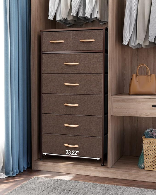 Crestlive Products Vertical Dresser Storage Tower - Sturdy Steel Frame, Wood Top, Easy Pull Fabric Bins, Wood Handles - Organizer Unit for Bedroom, Entryway, Closets - 7 Drawers (Brown)