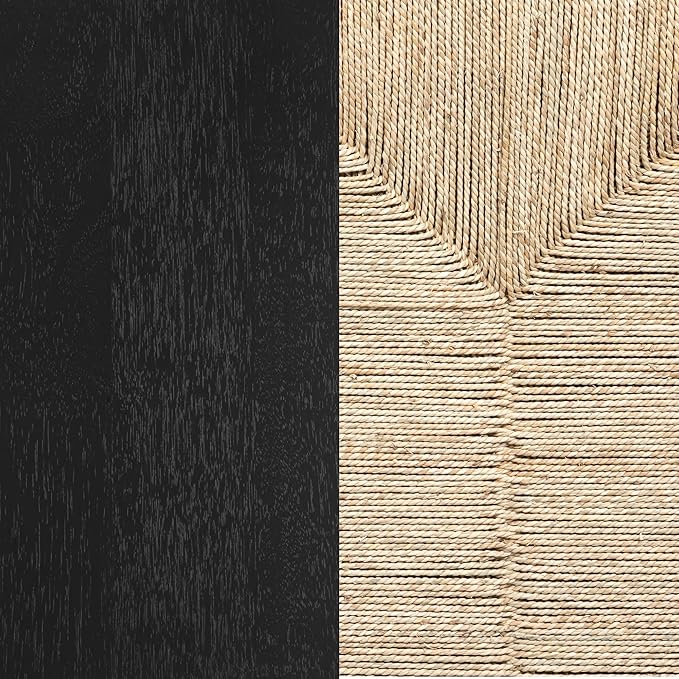 Nathan James Leah Boho TV Stand or Sideboard Cabinet for Kitchen or Living Room with Ball-Style Feet, Natural Seagrass Door Fronts and Solid Wood Legs, Black Set of 2