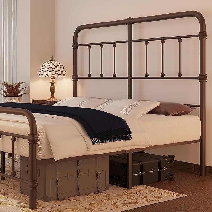 Cal-King-Bed-Frame with headboard Giselle-Vintage Antique-Metal - Iron Platform Mattress Foundation,49 inch High,No Box Spring Needed(Brown)