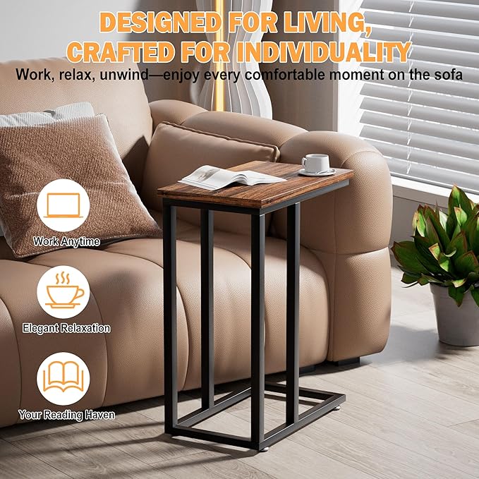 VECELO Universal C-Shaped Side Table, Multi-Functional Snack & TV Tray for Living Room, Bedroom, Brown (1 Set)