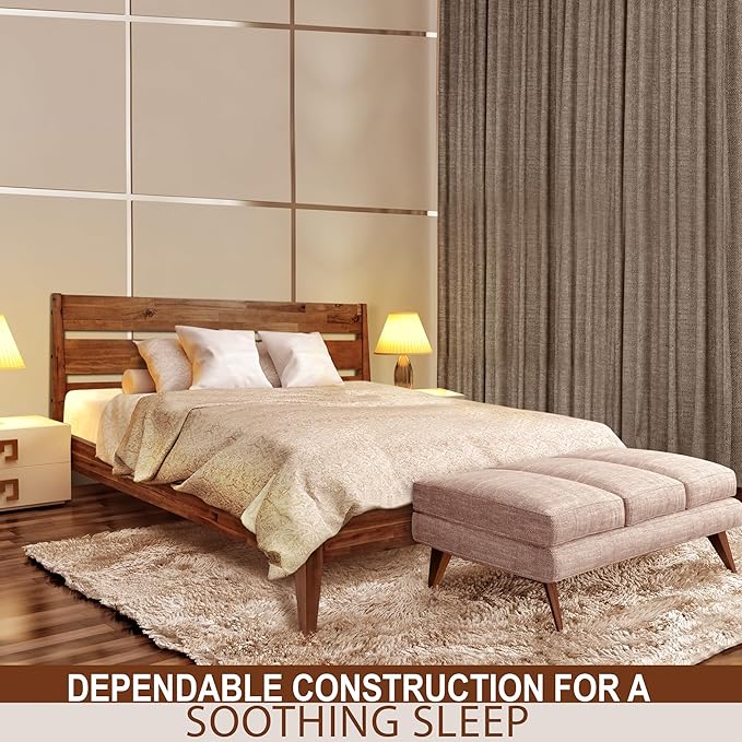 Acacia Emery Bed Frame with Headboard Solid Wood Platform Bed, King Size Bed Frame, Mid - Century Modern Wood Bed Compatible with All Mattresses, Easy Assembly, Non-Slip (Walnut, Queen)