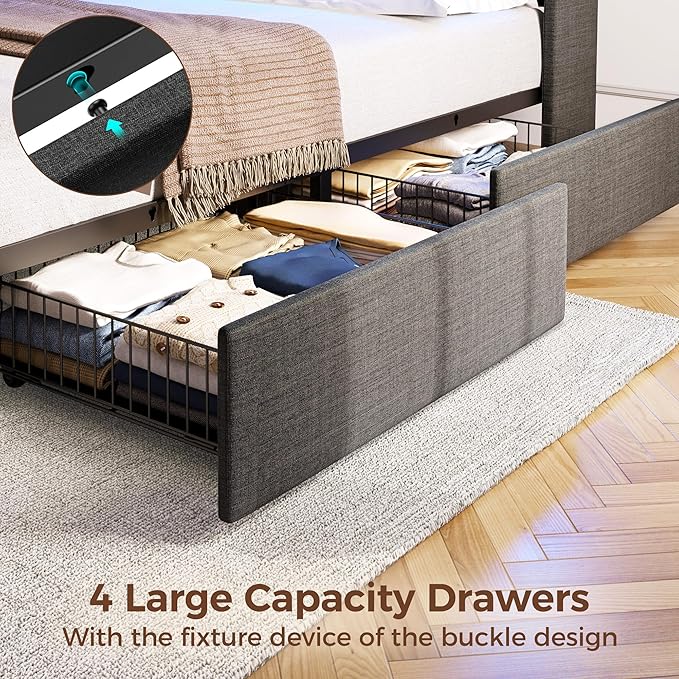 Rolanstar Full Size Bed Frame with LED Lights and Charging Station, Upholstered Bed Storage Headboard & Drawers, Heavy Duty Wood Slats, Easy Assembly
