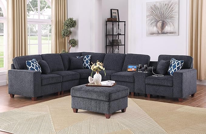 YOPTO L-Shaped Sectional Couch for Living Room with Movable Ottoman&6 Throw Pillows,7 Seat Chenille Upholstered Sofa W/2 Cup Holder,USB Port&Hidden Storage Box,DIY Combination,Apartment,Dark Gray,127"